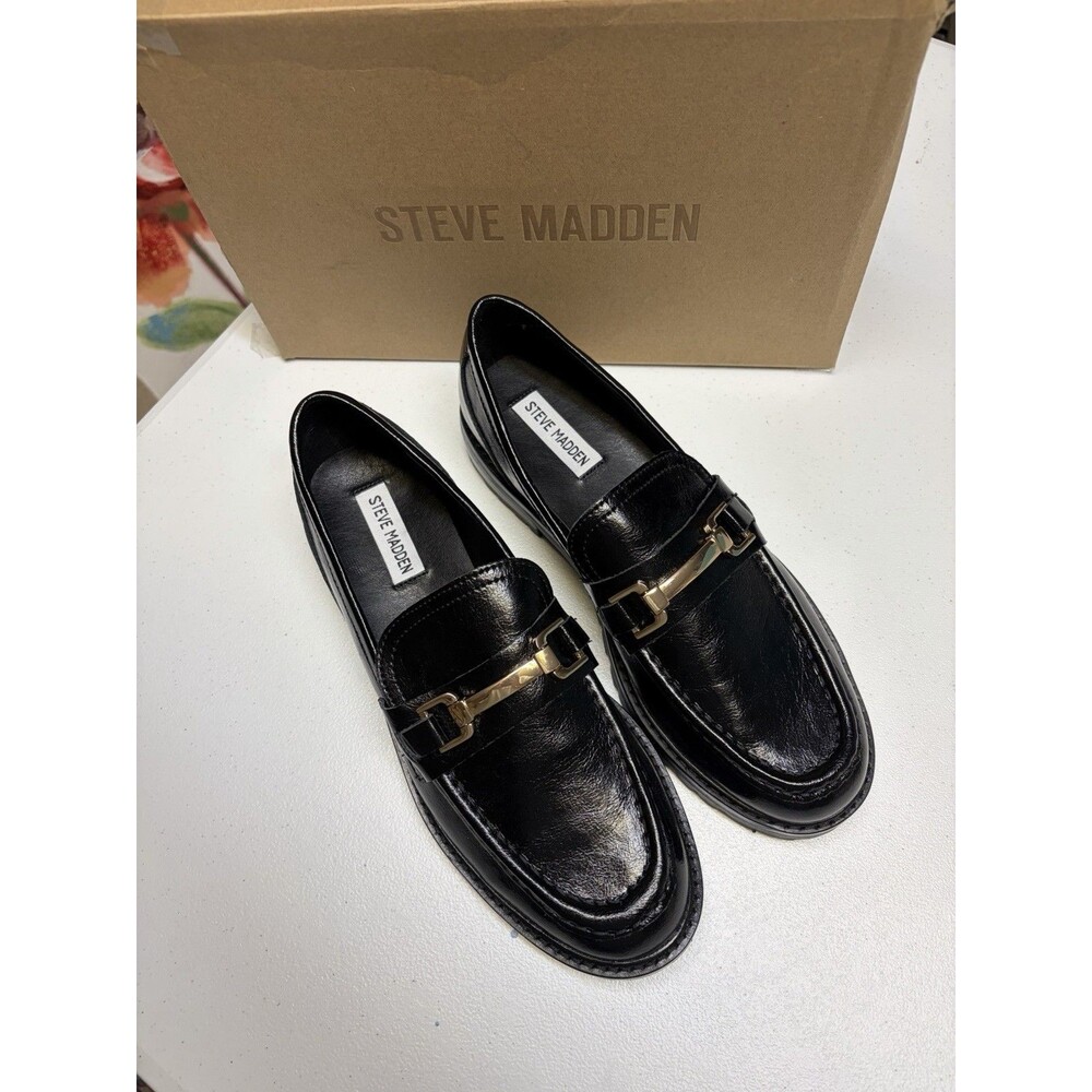 Steve Madden Marlee Apron Toe Black Leather Loafer Bit Hardware Size 9.5 NIB